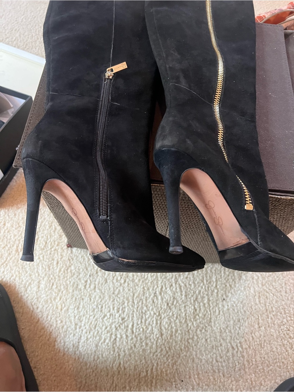 Jessica Simpson Black Suede High Heel Boots with Gold Zip